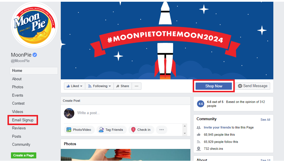 Moonpie Facebook email signup tab